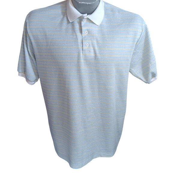 Vintage Mens XL Polo Shirt 1980's Yellow Blue Striped USA Dee Cee Single Stitch - Picture 2 of 6